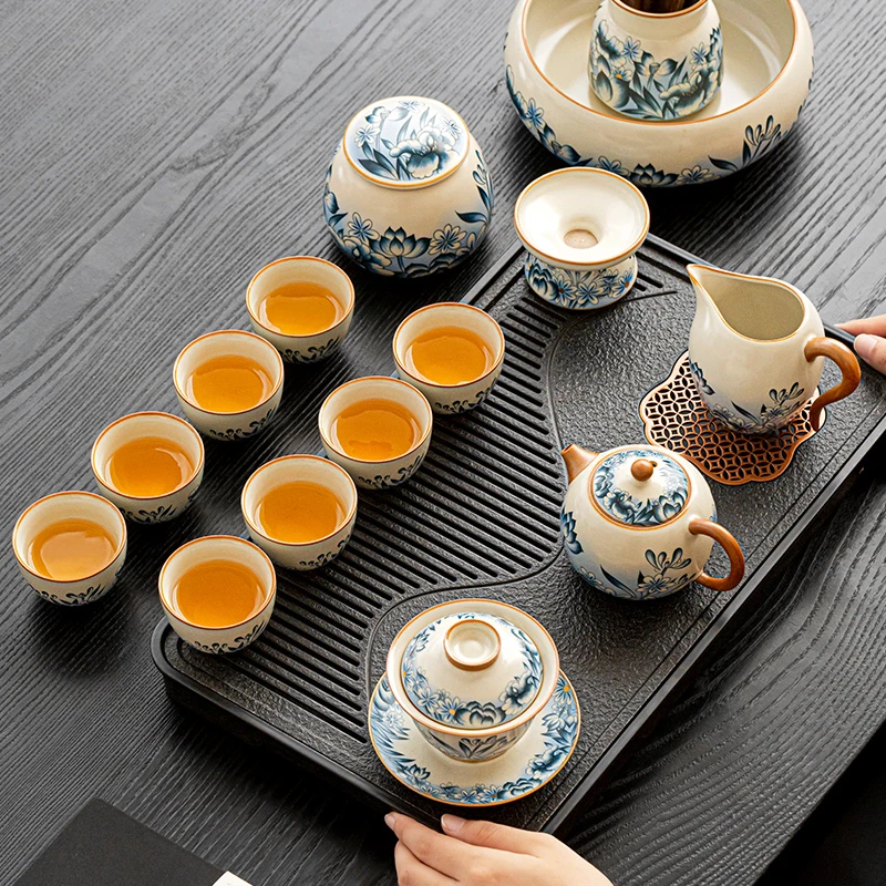 唐仙汝窑荷花西施壶茶具套装家用高档中式盖碗茶杯茶壶泡茶专用