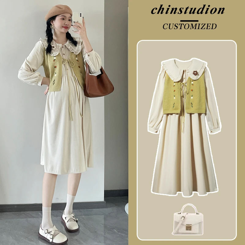 孕妇装秋季2024新款套装春秋灯芯绒大码时尚连衣裙两件套裙子秋装