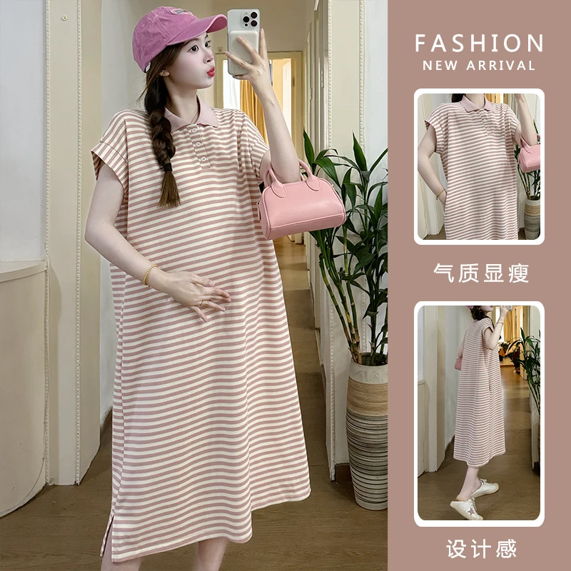孕妇装夏装连衣裙2024新款时尚洋气慵懒风翻领条纹长裙夏款孕妇裙