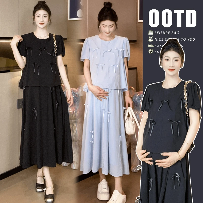 2024夏装新款套装孕期宽松显瘦时尚简约圆领立体蝴蝶结半裙两件套