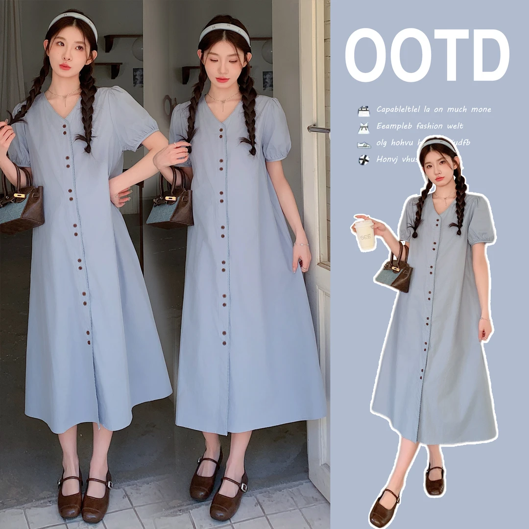 新款甜心孕妇装温柔气质v领连衣裙女韩系简约单排扣百搭显瘦长裙