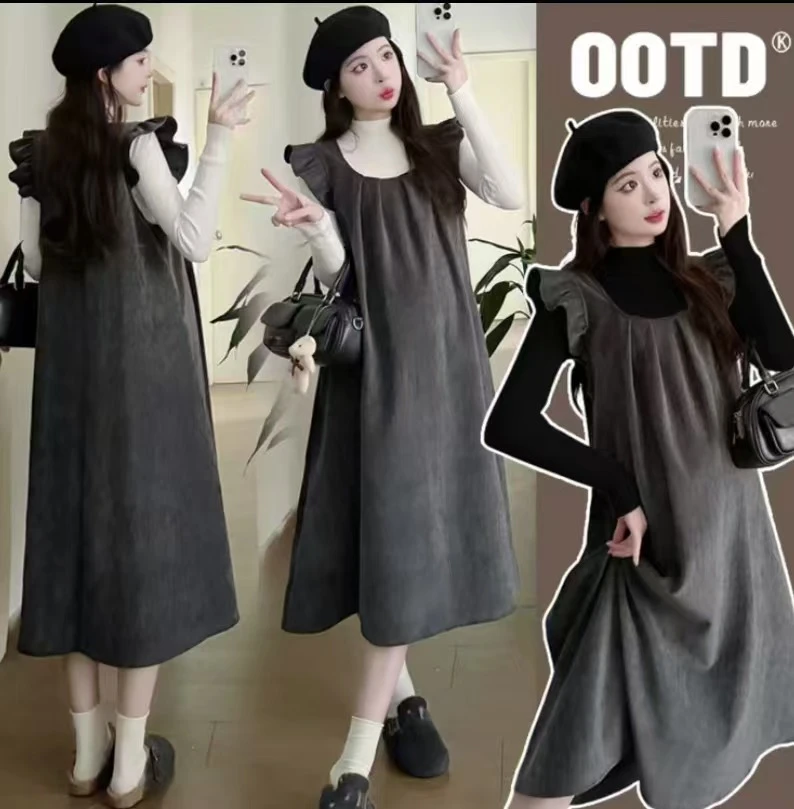 孕妇装秋冬新款韩版气质时尚宽松显瘦减龄加厚背心裙中长款辣妈