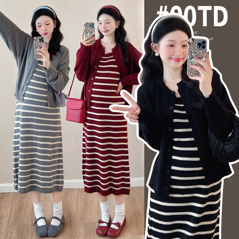 孕妇装秋冬法式条纹针织连衣裙慵懒宽松加厚毛衣开衫外套