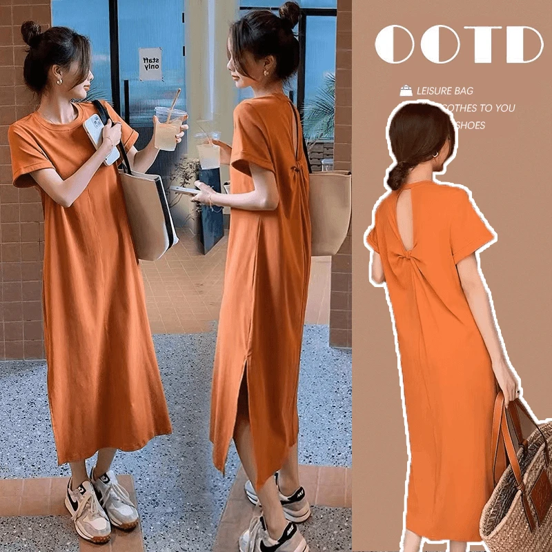 2024夏装新款韩版时尚宽松简约外出显瘦纯棉休闲连衣裙女孕妇装