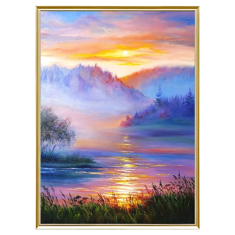 手绘油画美式乡村山水风景竖版玄关装饰画过道挂画日出东方壁画