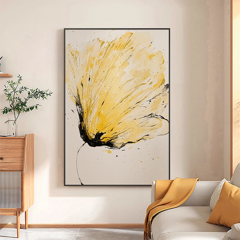 人工手绘抽象花卉油画轻奢高级感餐厅装饰画客厅玄关挂画黄色系