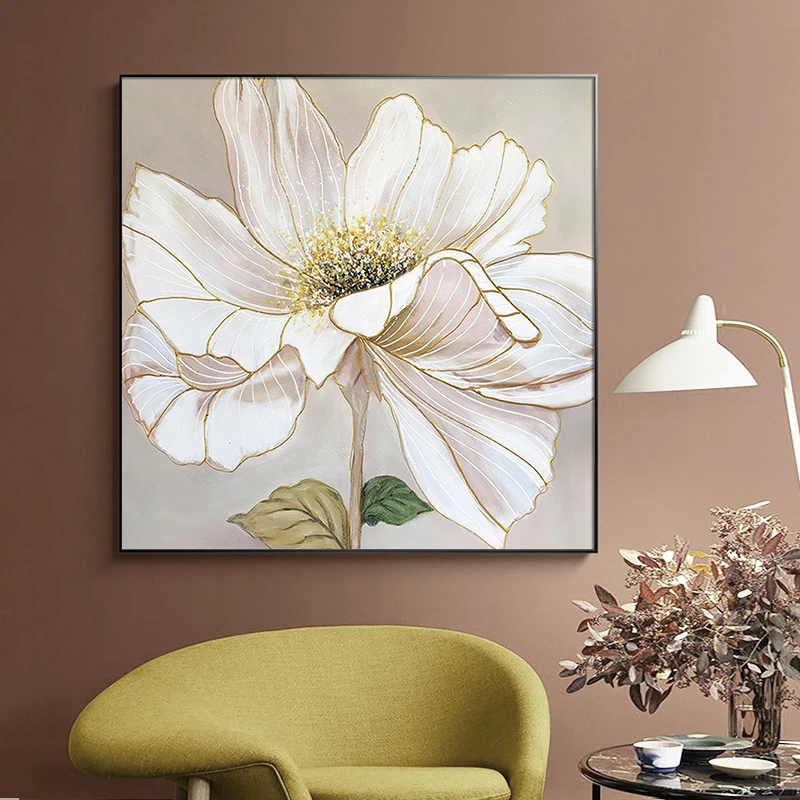 纯手绘油画现代美式轻奢装饰画客厅玄关挂画金箔抽象花卉餐厅壁画