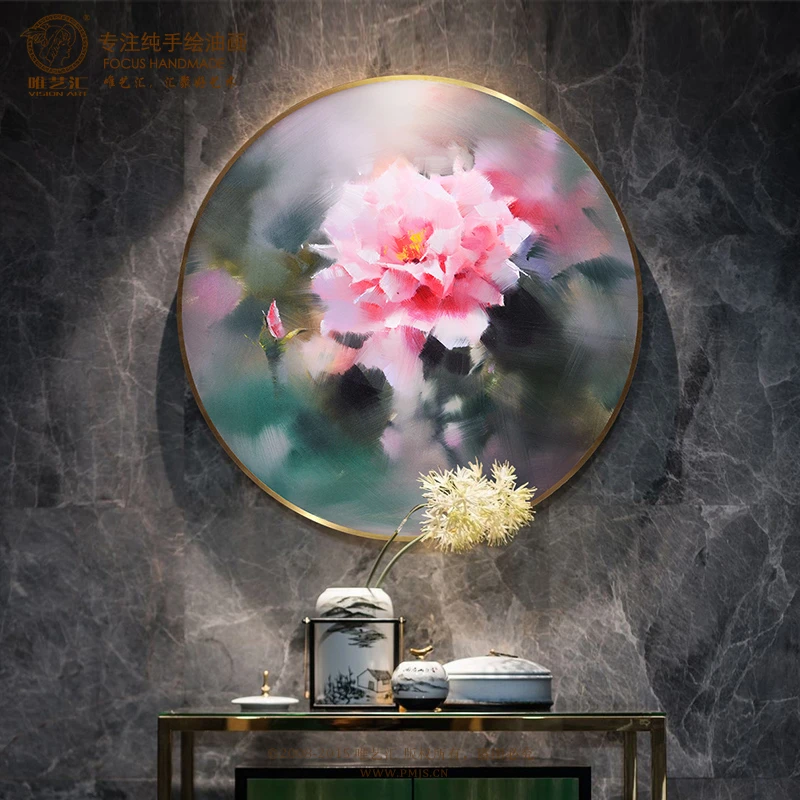 手绘油画轻奢抽象牡丹花卉客厅挂画卧室壁画新中式餐厅圆形装饰画