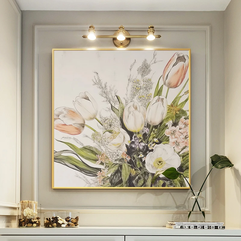 手绘油画郁金香花卉餐厅挂画正方形治愈系客厅饭厅玄关装饰肌理画