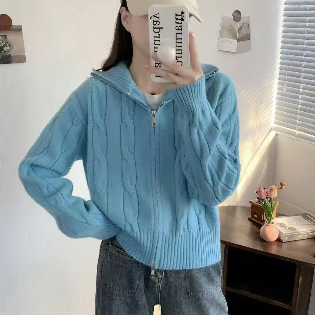 多巴胺软糯麻花拉链高领毛衣开衫女2024秋冬慵懒针织外套短款上衣