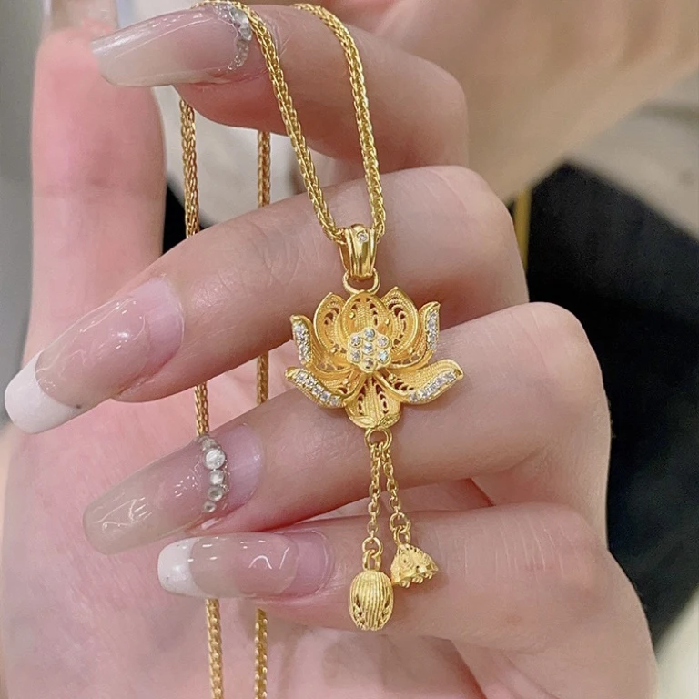 铜合金项链 新款精品莲花两世欢吊坠项链好事莲莲荷花套链女