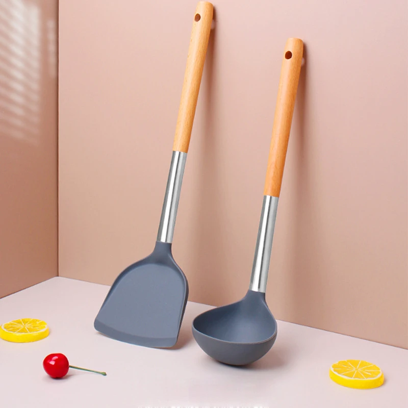 硅胶锅铲不粘锅专用硅胶锅铲木柄硅胶锅铲硅胶汤勺耐高温炒菜用铲