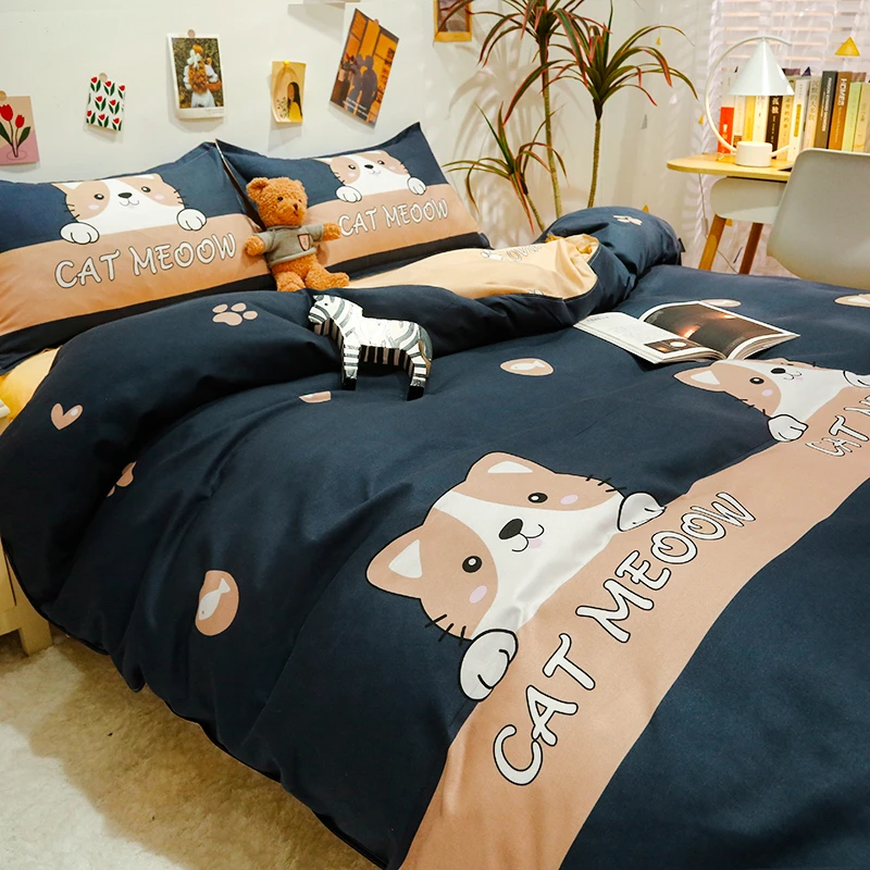亲肤卡通磨毛被四件套水洗学生宿舍三件套床上用品简约单人加厚