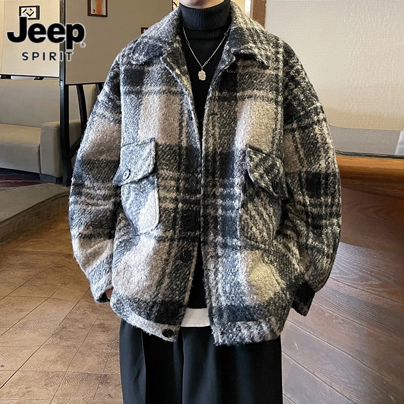 Jeep吉普秋季新款毛呢格子短款外套男秋装设计感潮牌痞帅夹克上衣