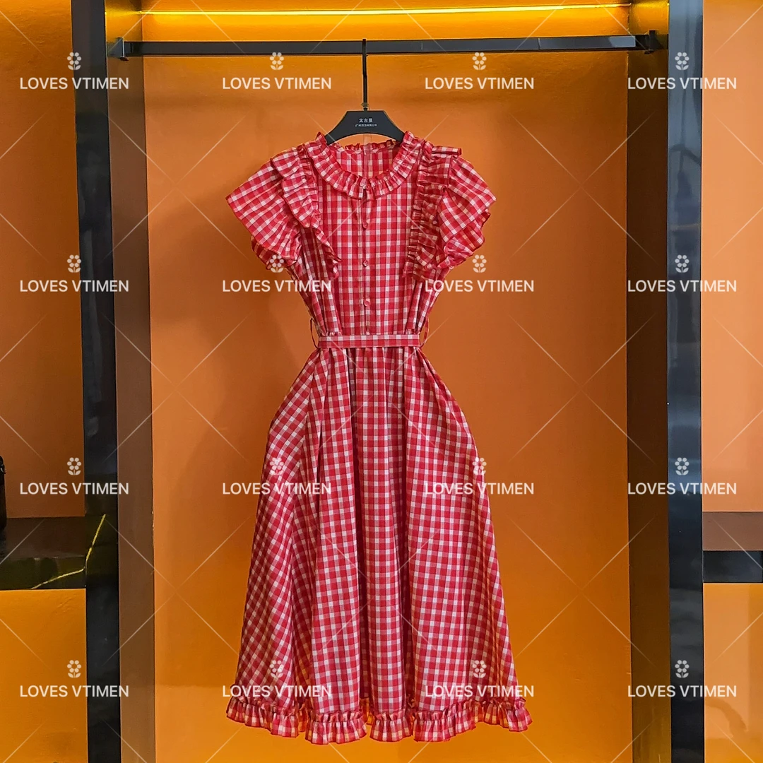 【大鬼专属】小众设计款气质显瘦红色格子收腰连衣裙LOVES-A888