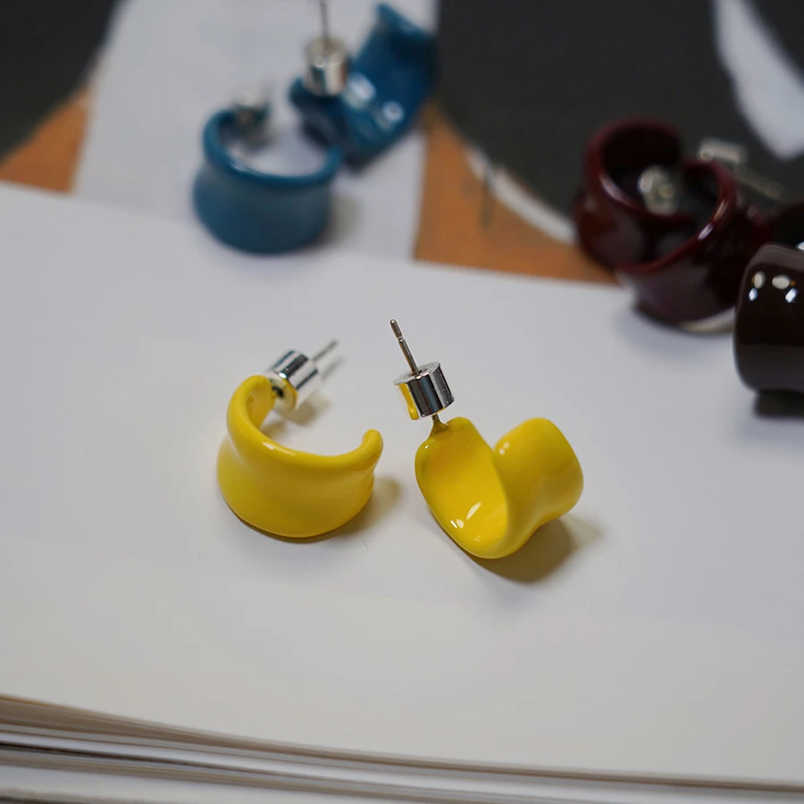 铜合金耳饰 348彩色珐琅小巧耳环黄色耳钉蓝色小众耳饰简约耳圈