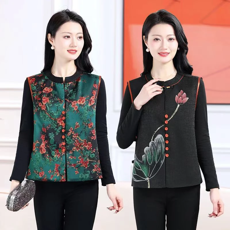 手工绘画荷花图外穿马甲双面双穿马夹复古短款春秋印花民族风无袖