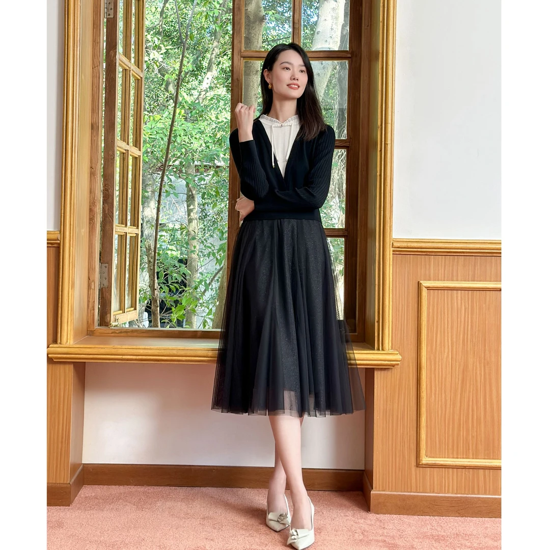 【新中式】YINER音儿2024冬季新款优雅修身黑色连衣裙8C65106996