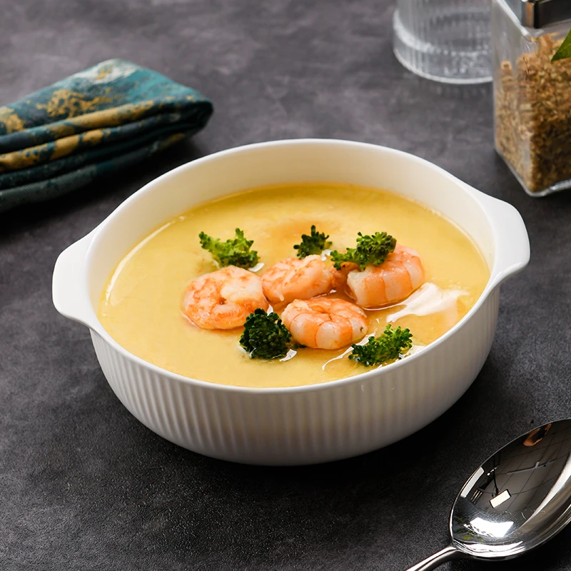 隆玫格竖纹双耳窝盘家用骨瓷网红烤盘空气炸锅蒸蛋羹碗陶瓷焗饭盘