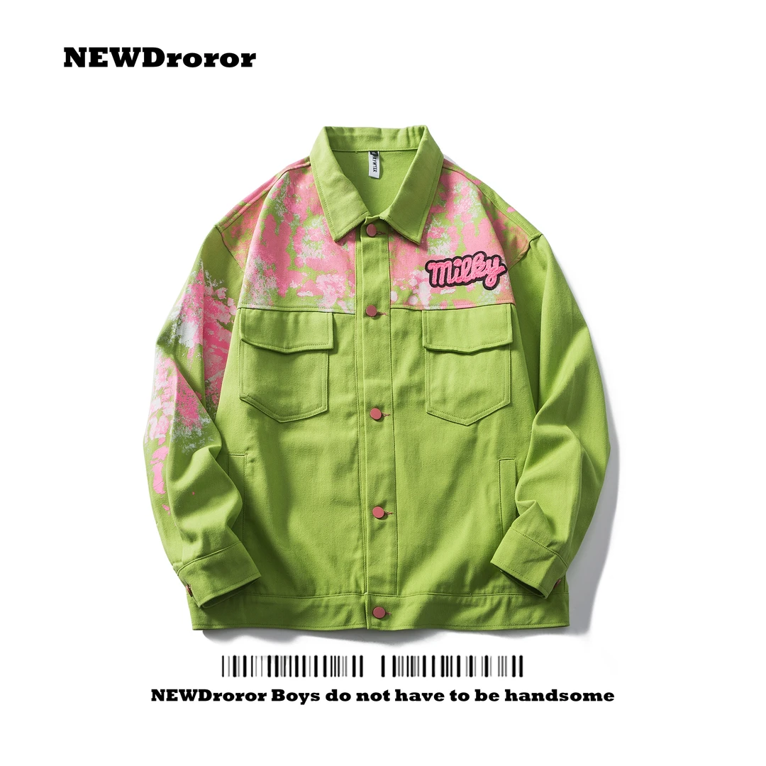 NEWDroror美式潮牌印花情侣夹克男宽松学生翻领百搭街头休闲外套