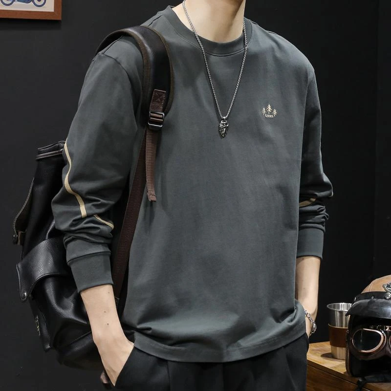 美式重磅复古纯棉长袖t恤男宽松大码秋季潮牌刺绣卫衣圆领打底衫