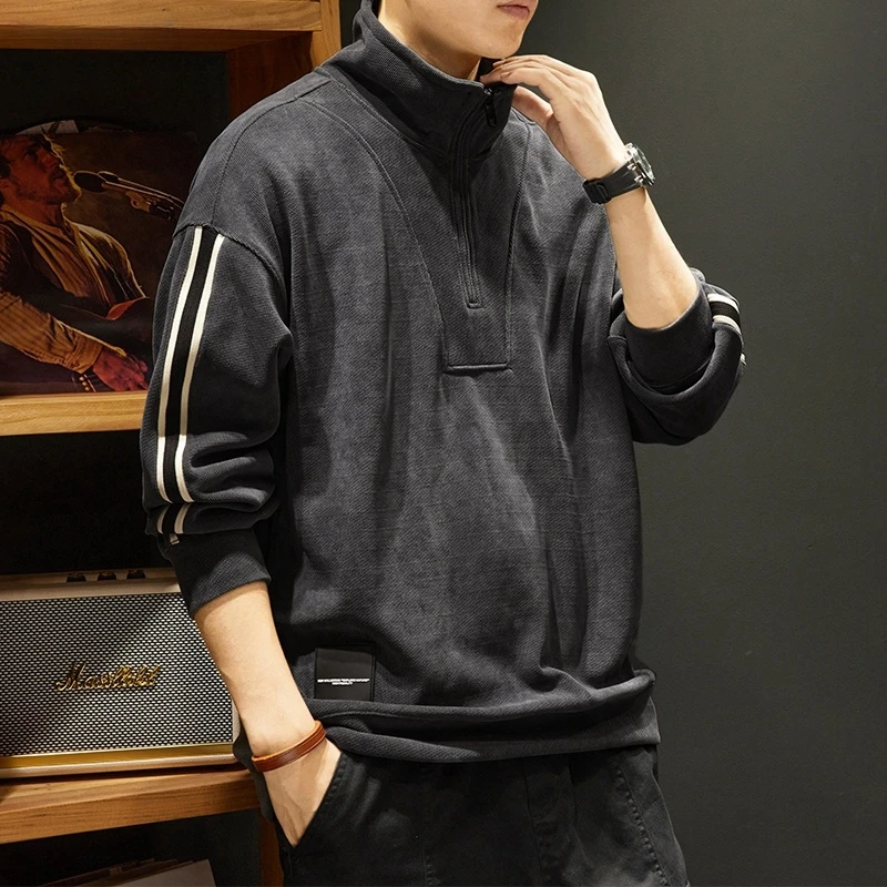 秋冬款半拉链立领卫衣男重磅雪尼尔宽松休闲上衣潮牌条纹拼接外套