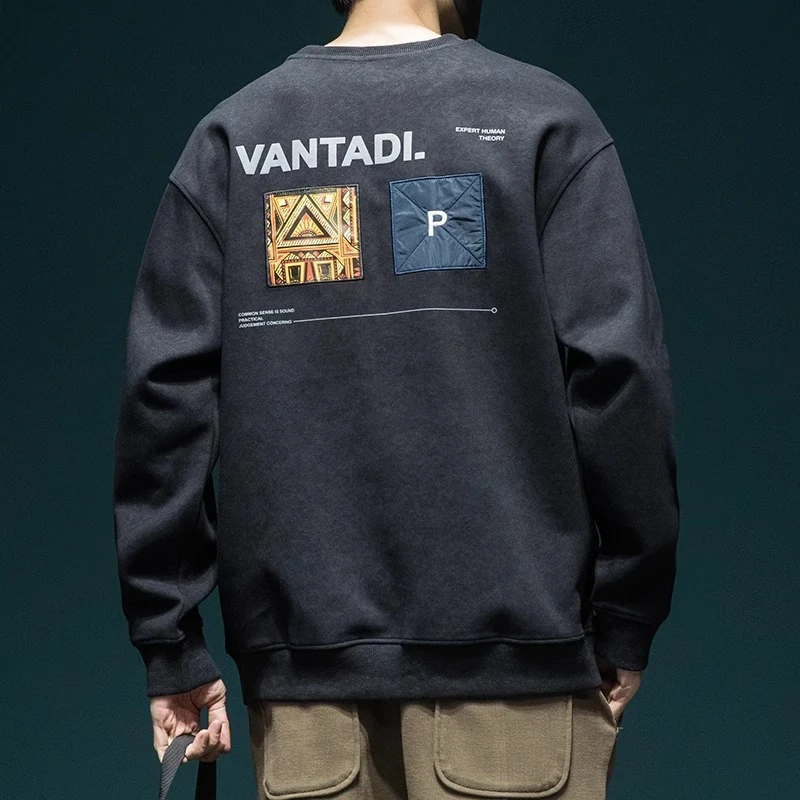 重磅潮牌卫衣男秋冬款圆领黑色加绒衣服秋季新款长袖宽松印花上衣