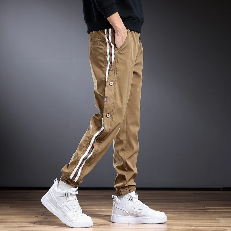 高级感拼接撞色条纹工装裤男士秋冬潮牌美式宽松大码束脚休闲裤男