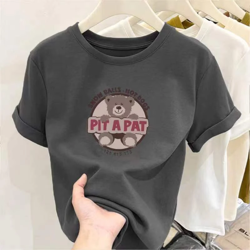 2025夏季新款圆领短袖T恤女时尚显瘦百搭纯棉小熊印花上衣潮