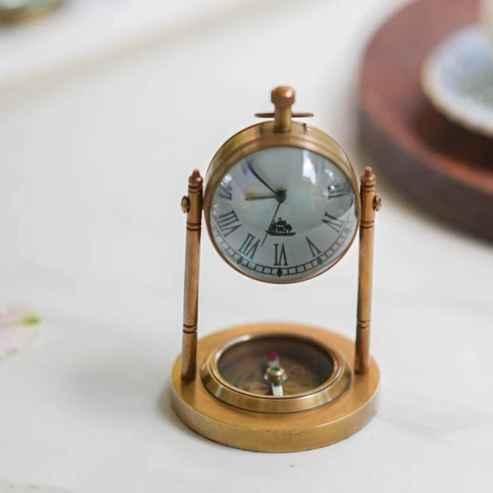 【奇居至卷】印度黄铜两用指南针座钟书房摆件#4812188新
