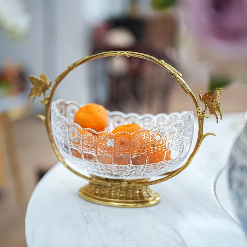 【奇居至卷】 双蝶黄铜水晶玻璃果盘#G1260