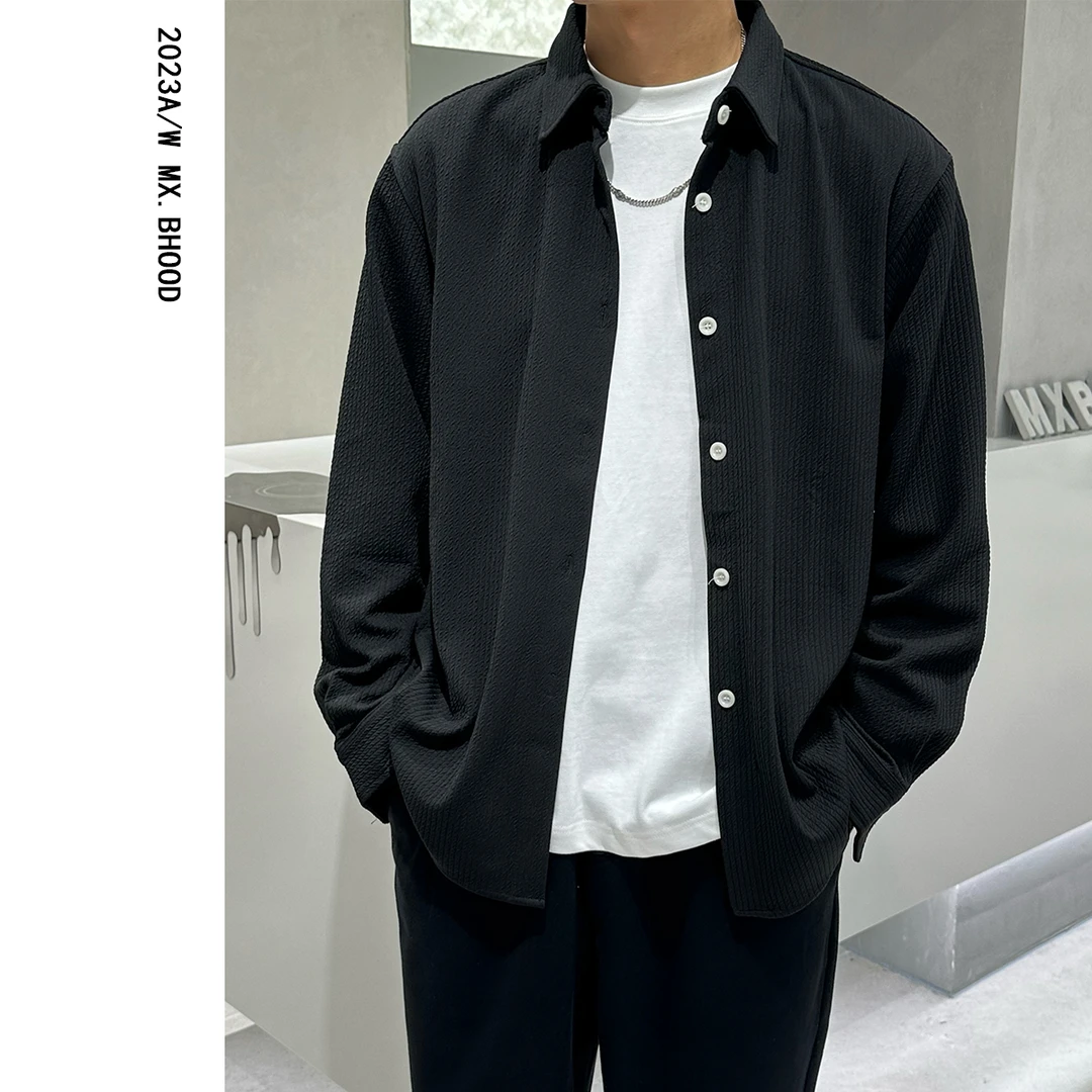 【阔系列】}新款衬衣小外套肌理感休闲男士痞帅长袖宽松衬衫简约潮
