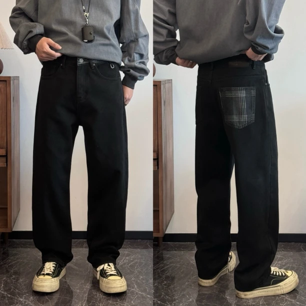 【阿信】格子裤子冬季加厚加绒百搭黑色牛仔裤ins男士直筒微阔长裤