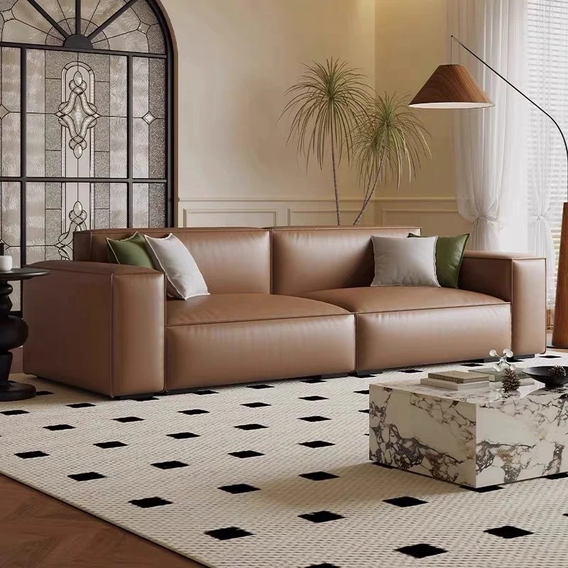 真皮沙发头层牛皮客厅豆腐块沙发小户型意式轻奢现代简约奶油