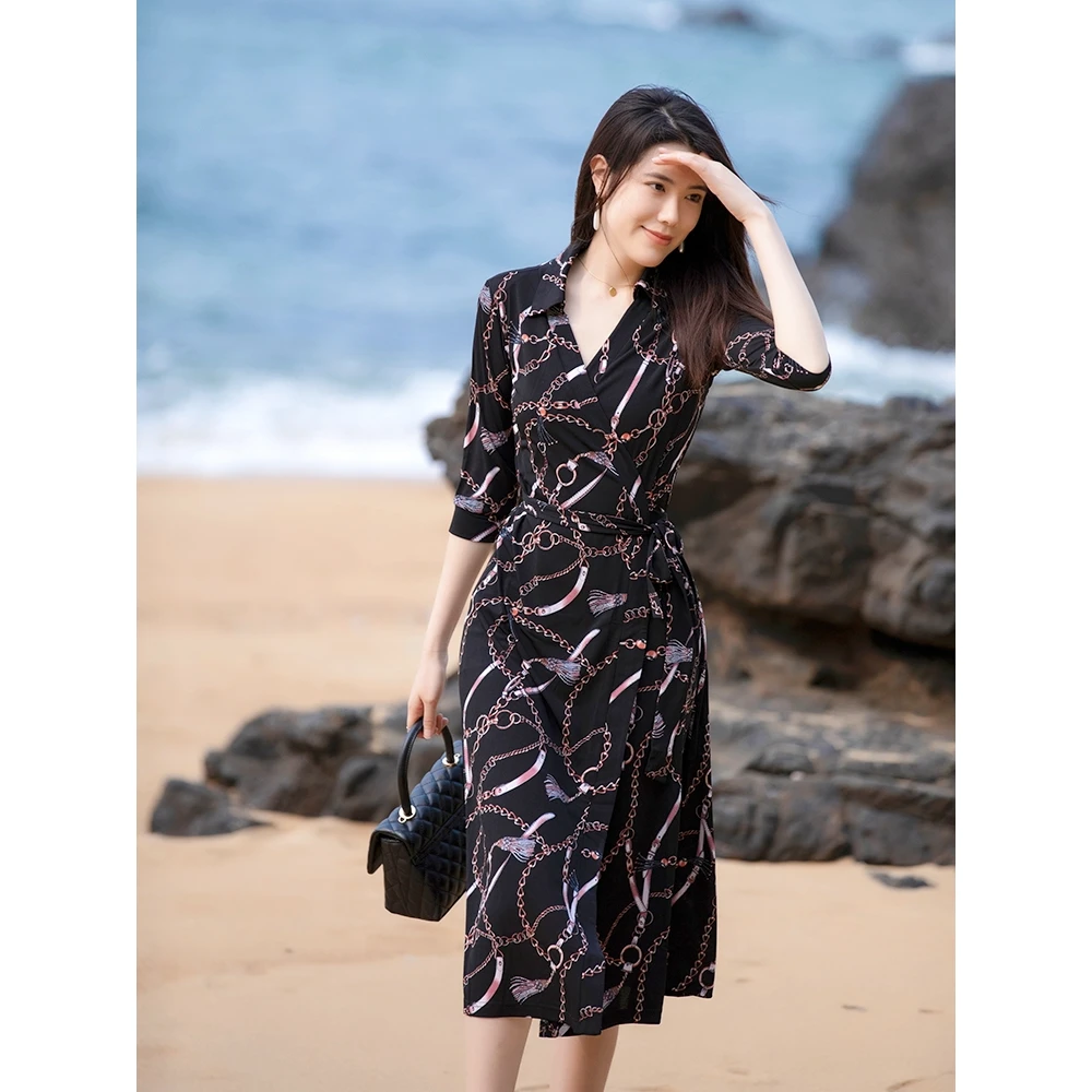 K DVF裹身裙2023夏新款一片式显瘦法式海边度假黑色连衣裙高级感