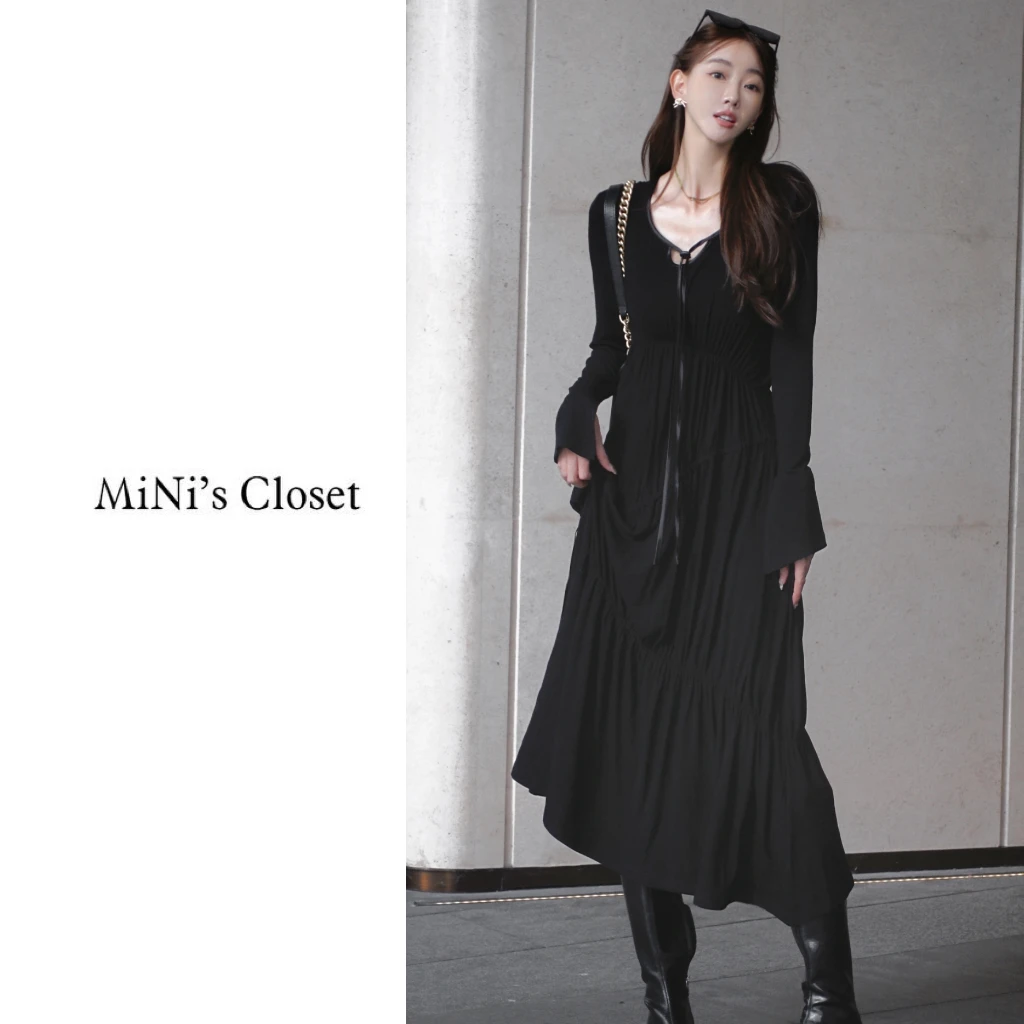 【MiNi推荐】原创轻奢抽绳赫本风连衣裙黑色收腰显瘦修身裙子JC0116