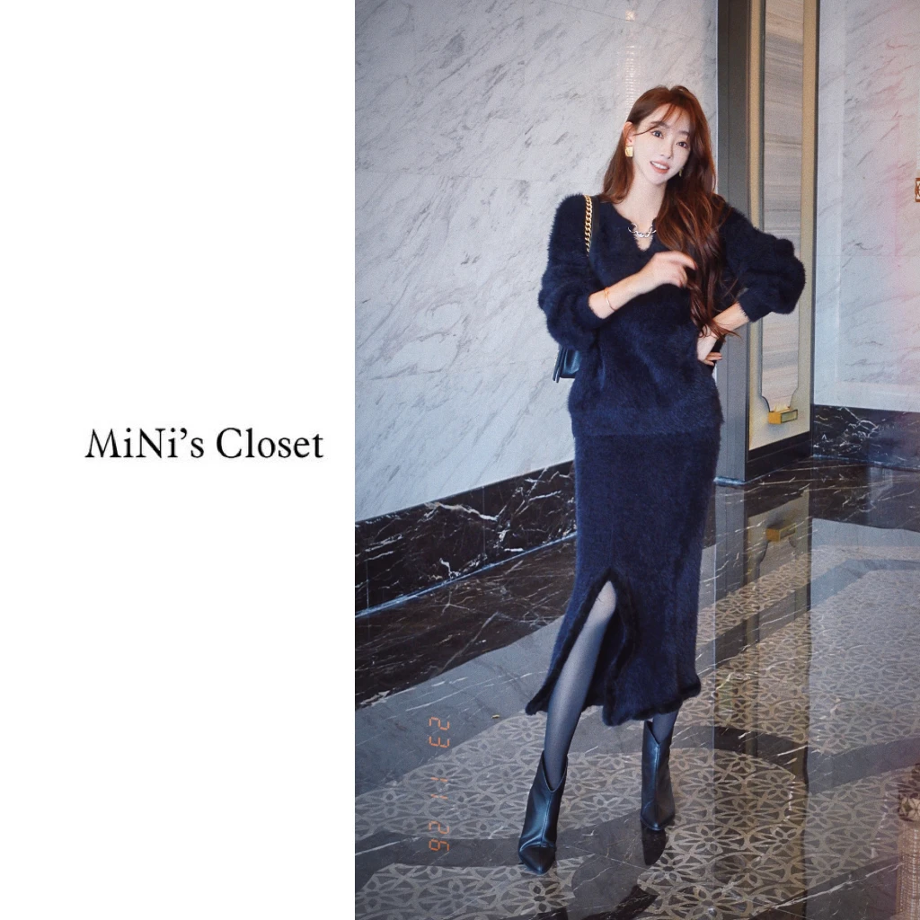 【MiNi推荐】定制设计师款慵懒风软糯法式两件套毛衣套装长裙JC0233