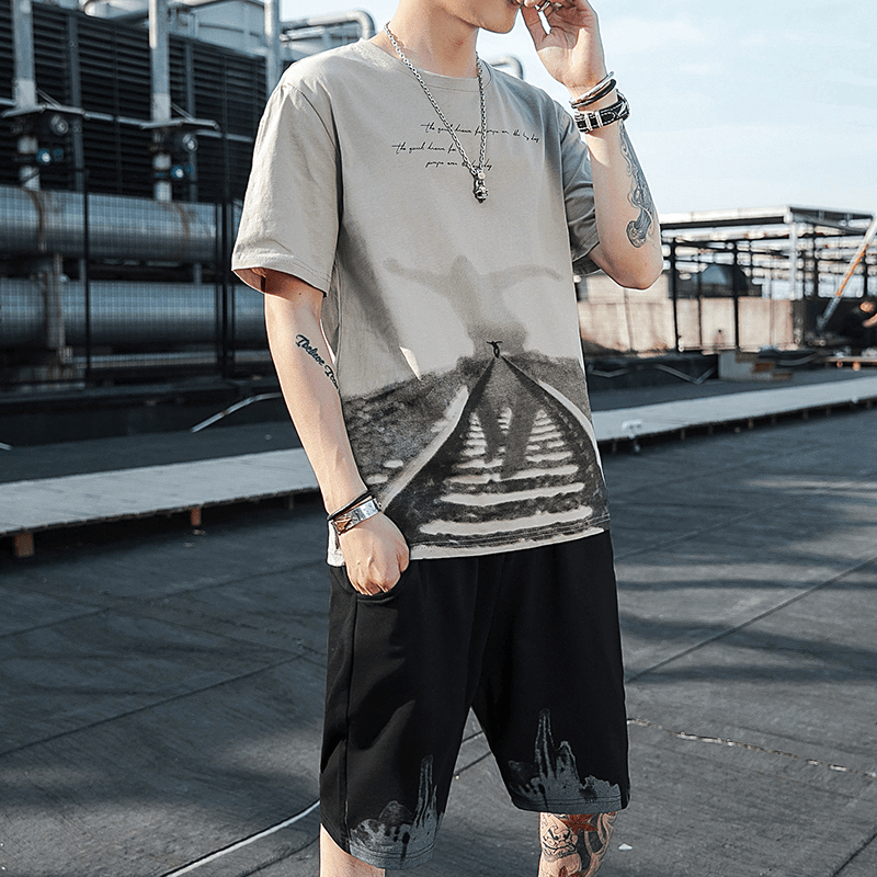 男士夏季2023新款潮流爆款运动短袖纯棉休闲薄款圆领百搭短裤套装
