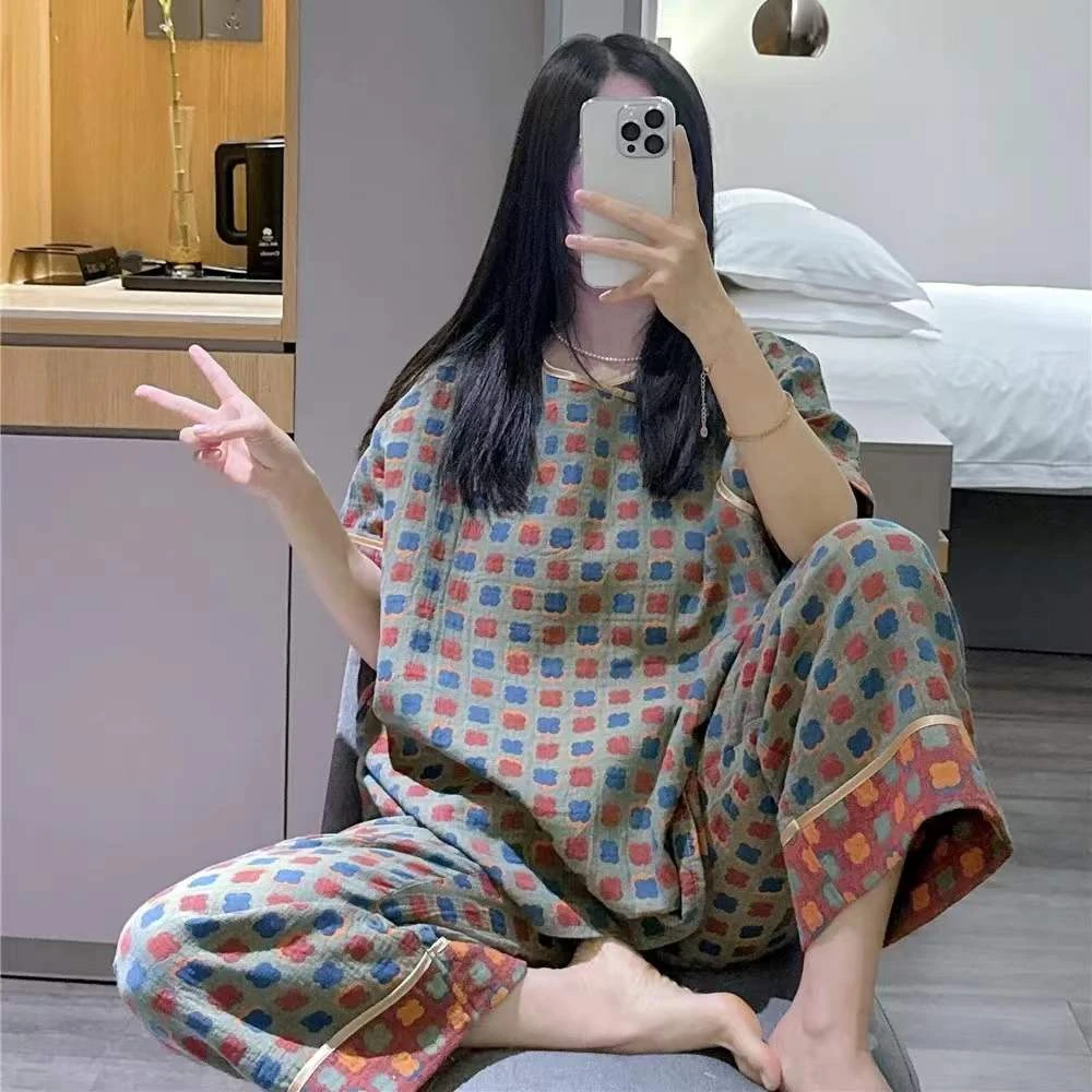 纯棉大码女装妈妈加肥加大睡衣200斤胖mm全棉中式家居服夏季薄款