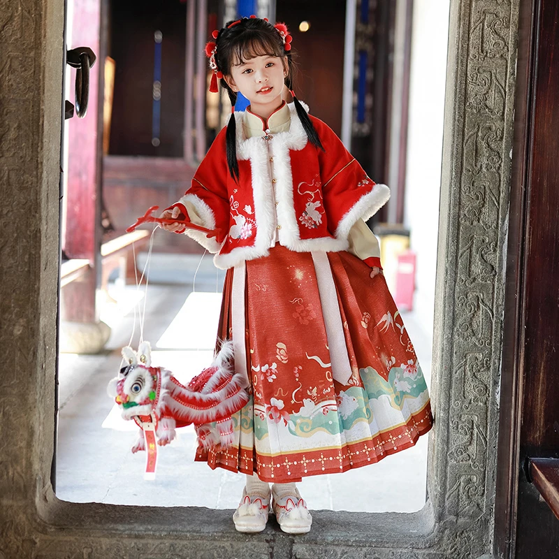 儿童拜年服明制超仙古风汉服女唐装马面裙加绒加厚元旦喜庆过年服
