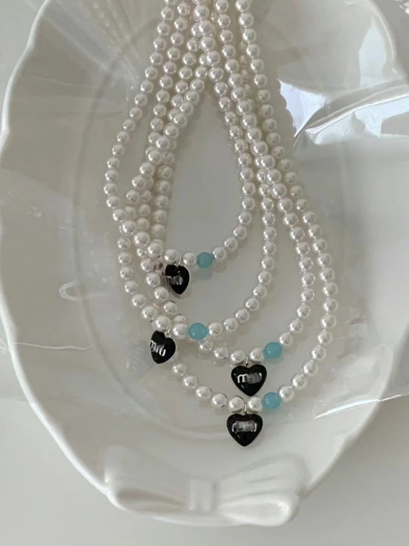 钛钢仿珍珠吊坠 手工仿珍珠 925银法式简约爱心设计百搭珍珠项链