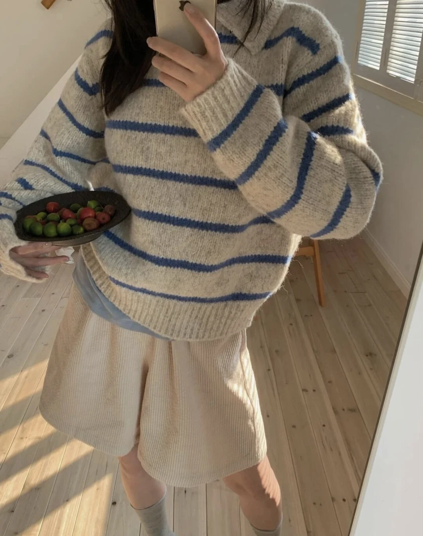 悠闲假日 复古翻领条纹针织衫女秋冬宽松百搭套头毛衣
