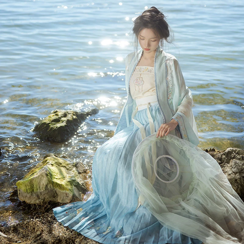 重回汉唐 青女 改良吊带直领对襟长衫一片式褶裙宋制汉服女装春
