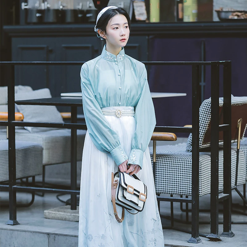 重回汉唐 梦令时 汉元素改良竖领对襟衫松紧褶裙国风汉服女装夏
