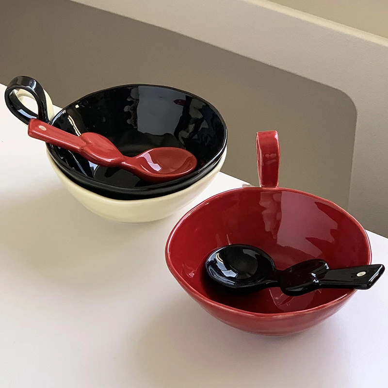 ins风水果沙拉碗复古手提甜品碗家用陶瓷燕麦碗早餐碗酸奶碗大碗