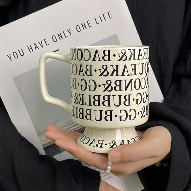 创意字母马克杯子陶瓷咖啡早餐杯复古奶油风高脚杯ins简约喝水杯