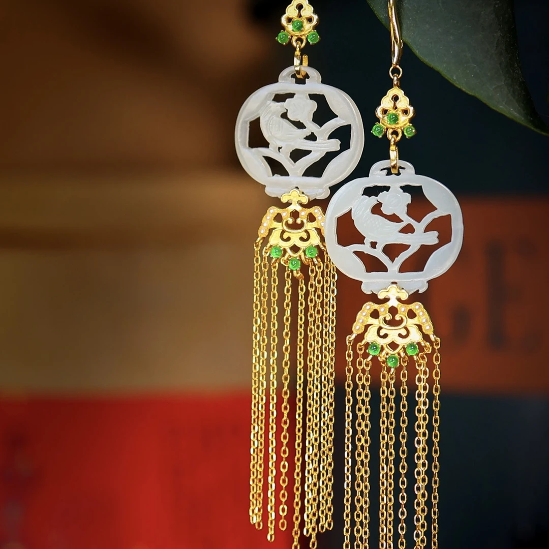 925银和田玉喜鹊登枝耳坠MTS