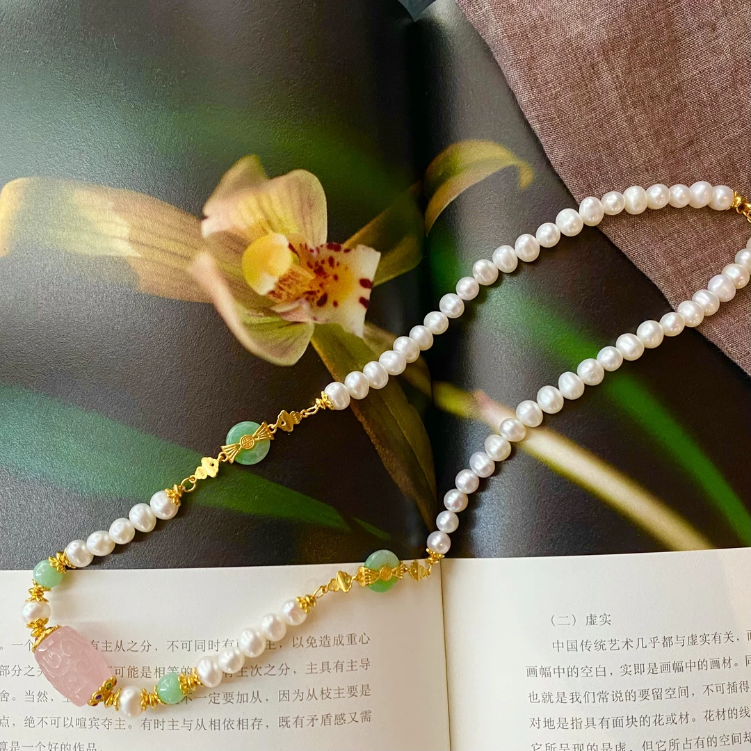樱花草·银镶珍珠项链SY