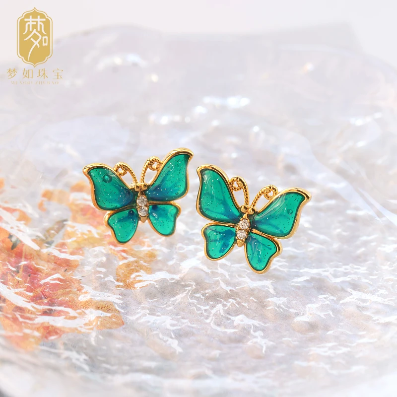 玲梦·18k金蝴蝶耳坠QXH气质时尚百搭复古小众简约穿旗袍耳坠古风