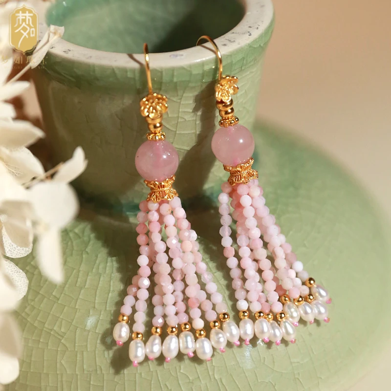 925银银制品 粉裙·圆珠流苏耳坠SY新中式设计温柔复古气质百搭